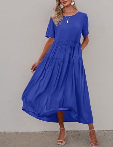Women Casual Loose Bohemian Floral Dress with Pockets Short Sleeve Long Maxi Summer Beach Swing Dresses M EJF Solid P Royal Blue