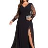 Women's V Neck Trendy Embroidered Long Sleeves A Line Chiffon Split Plus Size Formal Evening Dress 02251-DA