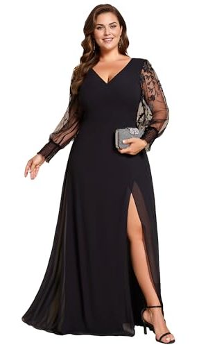 Women's V Neck Trendy Embroidered Long Sleeves A Line Chiffon Split Plus Size Formal Evening Dress 02251-DA