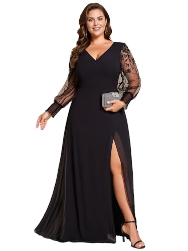 Women's V Neck Trendy Embroidered Long Sleeves A Line Chiffon Split Plus Size Formal Evening Dress 02251-DA