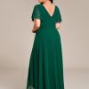 Women's V-Neck Chiffon Beading Short Ruffles Sleeves Maxi Plus Size Formal Evening Dresses