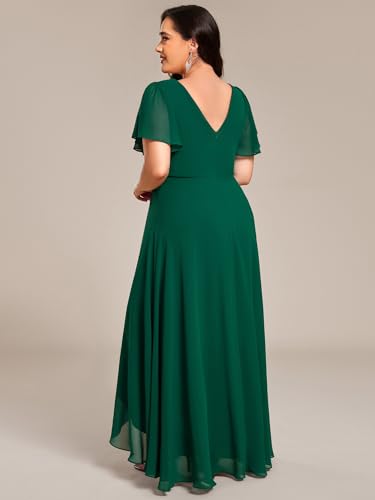 Women's V-Neck Chiffon Beading Short Ruffles Sleeves Maxi Plus Size Formal Evening Dresses