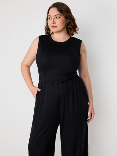 Plus Size Jumpsuits For Curvy Women Crew Neck Sleeveless Elegant Wide Leg Jumpsuits Dressy Casual Summer Outfits