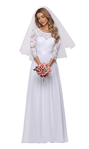 Women's Round Neck Lace 3/4 Sleeves Floor Length A Line Wedding Dress 07412-PH
