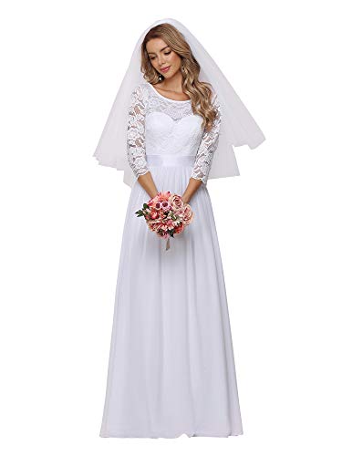 Women's Round Neck Lace 3/4 Sleeves Floor Length A Line Wedding Dress 07412-PH