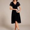 Women's V Neck Short Sleeves Lace A Line Hi-Lo Midi Semi Formal Dress 02489