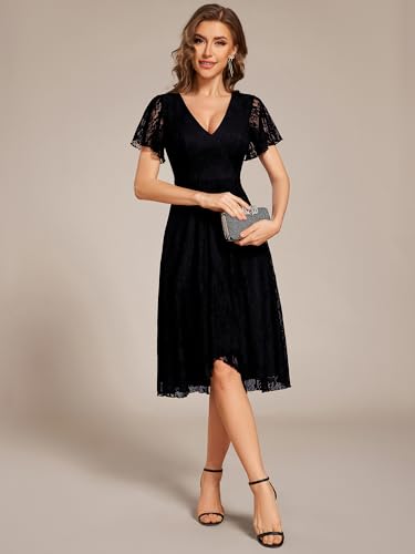 Women's V Neck Short Sleeves Lace A Line Hi-Lo Midi Semi Formal Dress 02489