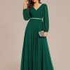 Women's Formal Dresses Long Sleeve V Neck Empire Waist A Line Beading Floor Length Wedding Guest Dress 01981