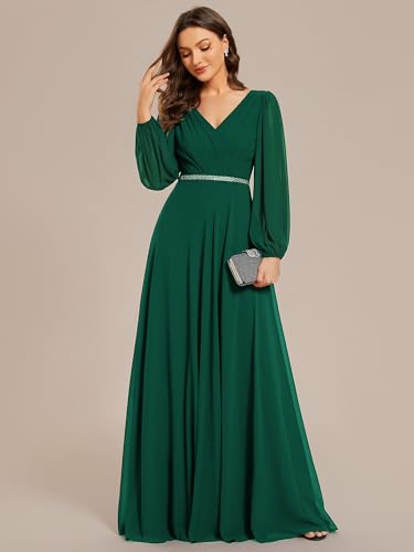Women's Formal Dresses Long Sleeve V Neck Empire Waist A Line Beading Floor Length Wedding Guest Dress 01981