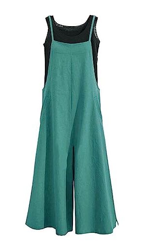 Women Casual Loose Long Bib Pants Wide Leg Jumpsuits Baggy Cotton Rompers Overalls with Pockets 3XL PZZTYP2 Teal