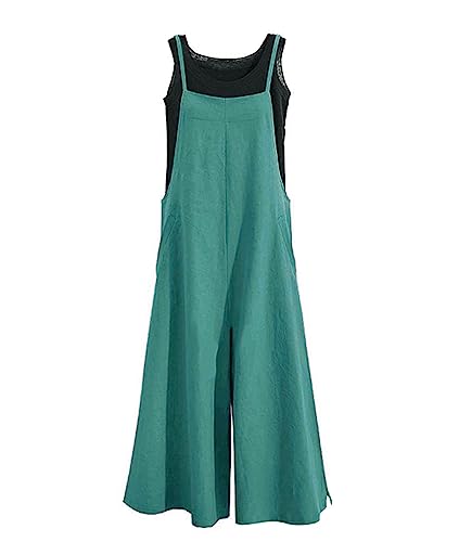 Women Casual Loose Long Bib Pants Wide Leg Jumpsuits Baggy Cotton Rompers Overalls with Pockets 3XL PZZTYP2 Teal