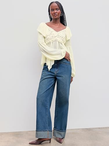 Women’s Baggy Jeans Straight Wide Leg High Waisted Fold Hem Denim Pants with Pockets