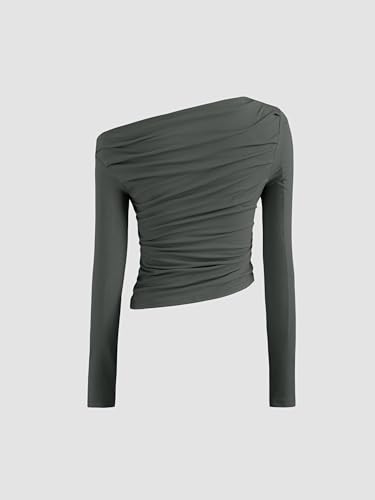 Women's Asymmetrical Top Off The Shouler Long Sleeve Shirts Ruched Going Out Crop Tops