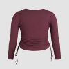 Women’s Plus Size Long Sleeve Shirts V Neck Drawstring Side Cute Fitted Tops Basic Tee