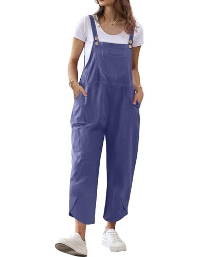 Women Cotton Overalls Casual Loose Adjustable Straps Bib Pants Tulip Hem Baggy Jumpsuits with Pockets PZJ