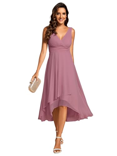 Women's V Neck Sleeveless Empire Waist Semi Formal Dress Pleated Chiffon Wedding Guest Dresses 61926