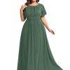 Women's Summer Round Neck A Line Pleated Chiffon Short Sleeves Plus Size Formal Gowns Bridesmaid Dresses