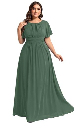 Women's Summer Round Neck A Line Pleated Chiffon Short Sleeves Plus Size Formal Gowns Bridesmaid Dresses