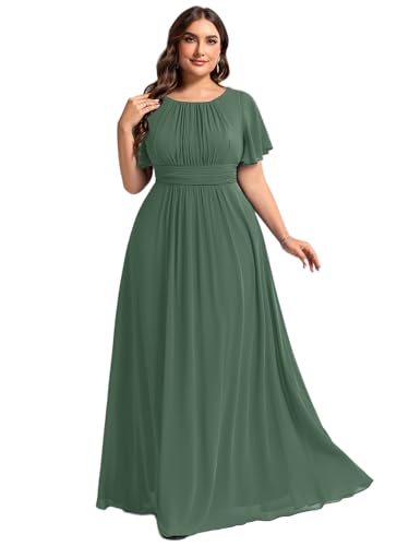 Women's Summer Round Neck A Line Pleated Chiffon Short Sleeves Plus Size Formal Gowns Bridesmaid Dresses