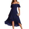 Women's Summer Cold Shoulder Hi-Lo Asymmetrical Hem Flowy Chiffon Short Wedding Guest Dress 02103