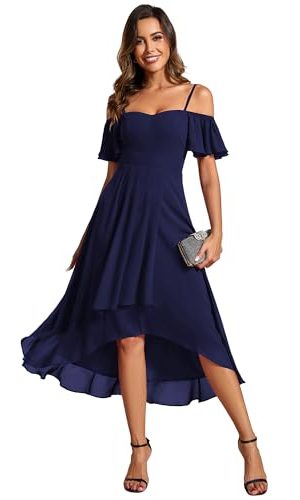 Women's Summer Cold Shoulder Hi-Lo Asymmetrical Hem Flowy Chiffon Short Wedding Guest Dress 02103