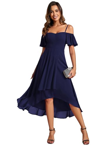 Women's Summer Cold Shoulder Hi-Lo Asymmetrical Hem Flowy Chiffon Short Wedding Guest Dress 02103