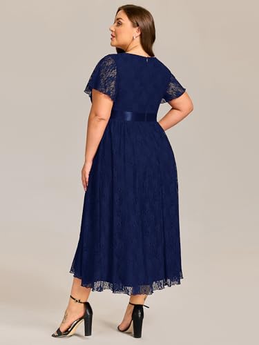 Women's Lace Round Neck Short Sleeves High Low Plus Size Midi Cocktail Wedding Guest Dresses