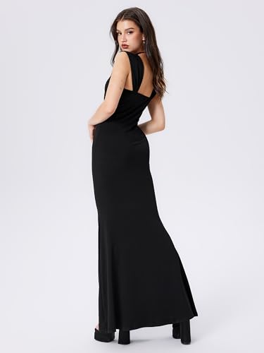 Solid Ruched U-Neckline Ruffle Maxi Dress