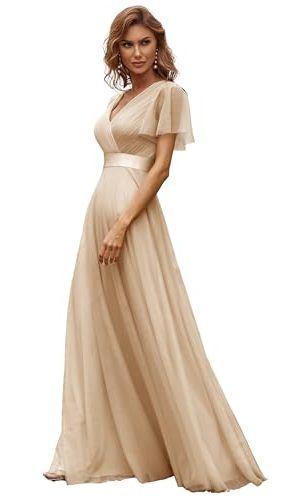Women's Mother of Bride Dress Double V-Neck Empire Waist Front Wrap Tulle Bridesmaid Dress 07962