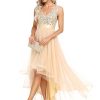 Women's Cocktail Dress Double V-Neck Sleeveless Empire Waist Sequin High Low Tulle Formal Dress 0147A