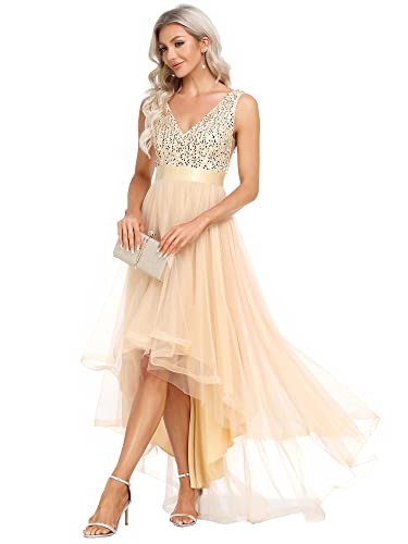Women's Cocktail Dress Double V-Neck Sleeveless Empire Waist Sequin High Low Tulle Formal Dress 0147A