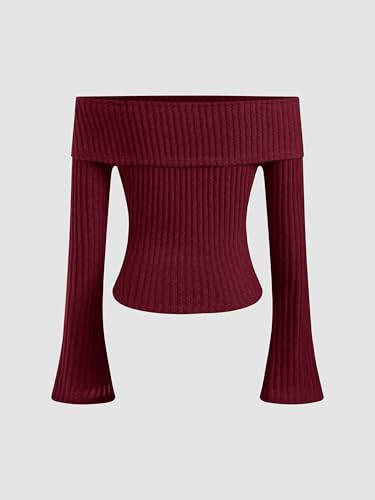 Off The Shoulder Tops for Womens Sexy Long Sleeve Going Out Tops Knit Cropped Top Trendy Slim Fit
