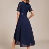 Women's V Neck Lace Chiffon Half Sleeves A Line Hi-Lo Wedding Guest Dresses 04489