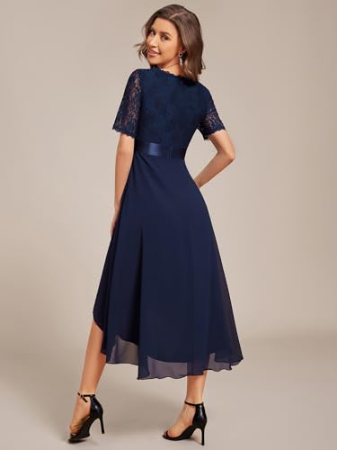 Women's V Neck Lace Chiffon Half Sleeves A Line Hi-Lo Wedding Guest Dresses 04489