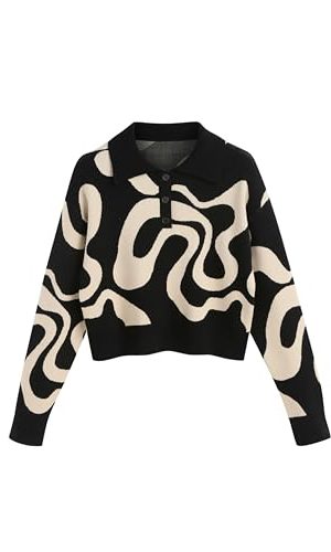Women’s Color Block Cropped Collared Shirts Long Sleeve Sweater Pullover Tops