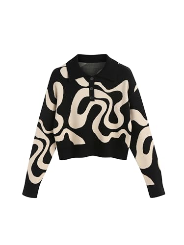 Women’s Color Block Cropped Collared Shirts Long Sleeve Sweater Pullover Tops
