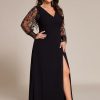 Women's V Neck Trendy Embroidered Long Sleeves A Line Chiffon Split Plus Size Formal Evening Dress 02251-DA