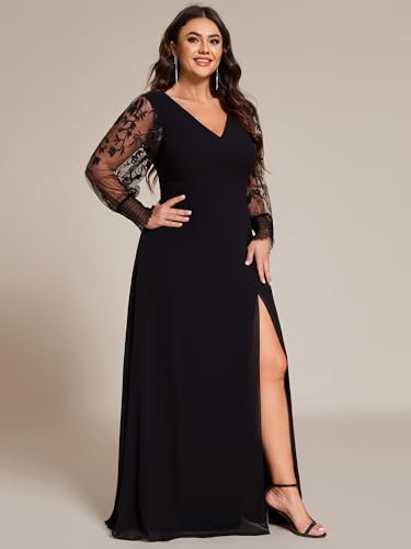 Women's V Neck Trendy Embroidered Long Sleeves A Line Chiffon Split Plus Size Formal Evening Dress 02251-DA