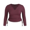 Women’s Plus Size Long Sleeve Shirts V Neck Drawstring Side Cute Fitted Tops Basic Tee