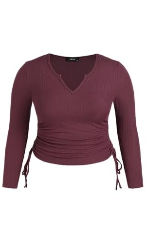 Women’s Plus Size Long Sleeve Shirts V Neck Drawstring Side Cute Fitted Tops Basic Tee