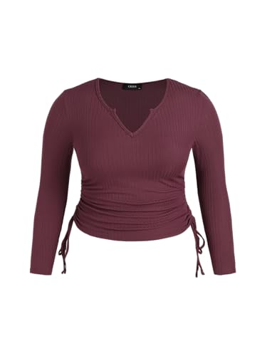 Women’s Plus Size Long Sleeve Shirts V Neck Drawstring Side Cute Fitted Tops Basic Tee