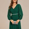 Women's Formal Dresses Long Sleeve V Neck Empire Waist A Line Beading Floor Length Wedding Guest Dress 01981