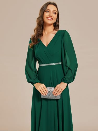 Women's Formal Dresses Long Sleeve V Neck Empire Waist A Line Beading Floor Length Wedding Guest Dress 01981