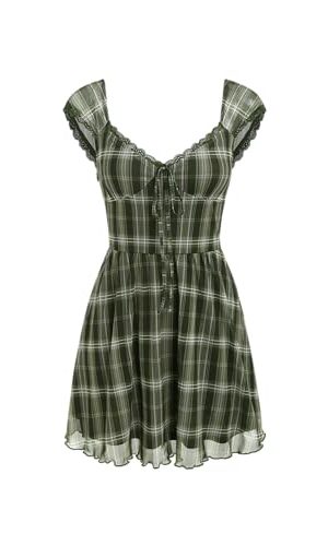 Women's Gingham Mini Dress Summer Sundress Casual V Neck Flowy Cute Teen Short Seelve Ruffle Dress