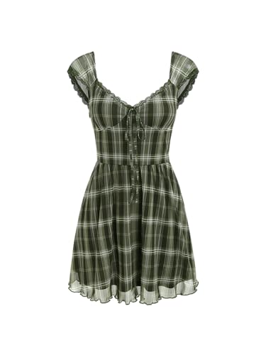 Women's Gingham Mini Dress Summer Sundress Casual V Neck Flowy Cute Teen Short Seelve Ruffle Dress