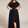 Women's Round Neck Short Sleeves Pleated A Line Chiffon Plus Size High Low Bridesmaid Dresses 02213-DA