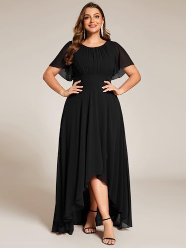 Women's Round Neck Short Sleeves Pleated A Line Chiffon Plus Size High Low Bridesmaid Dresses 02213-DA