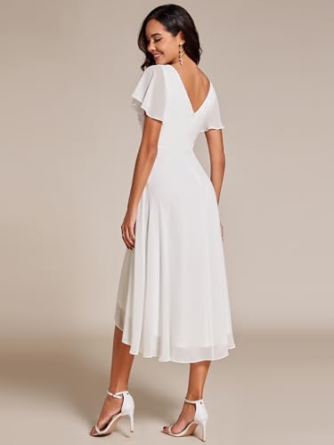 Women's V Neck Ruffle Sleeves Irregular Chiffon A-Line Midi Wedding Guest Dresses 01756