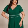 Women's V-Neck Chiffon Beading Short Ruffles Sleeves Maxi Plus Size Formal Evening Dresses