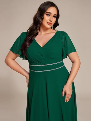 Women's V-Neck Chiffon Beading Short Ruffles Sleeves Maxi Plus Size Formal Evening Dresses